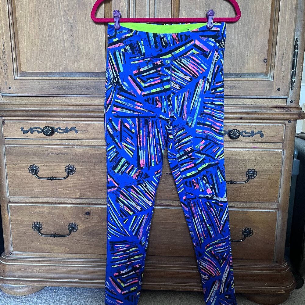 Aeropostale Electric Blue Abstract Stripe Leggings with Neon Green Trim